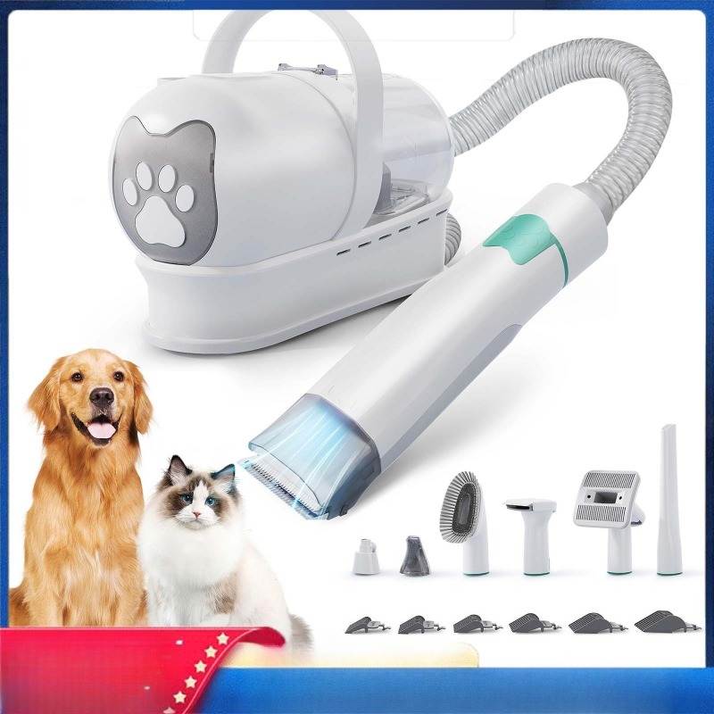 Pet grooming tool with attachments and images of a dog and cat on a white background